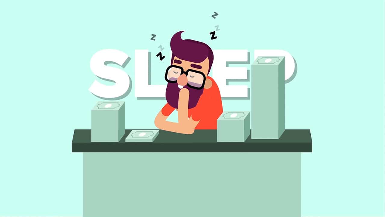 Cartoon image of a man at a desk sleeping in between piles of money