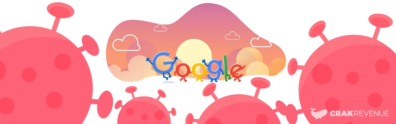 Google logo and coronaviruses running away into the sunset