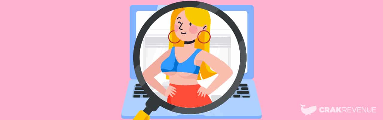 A search magnifying glass with a woman posing in front of a computer