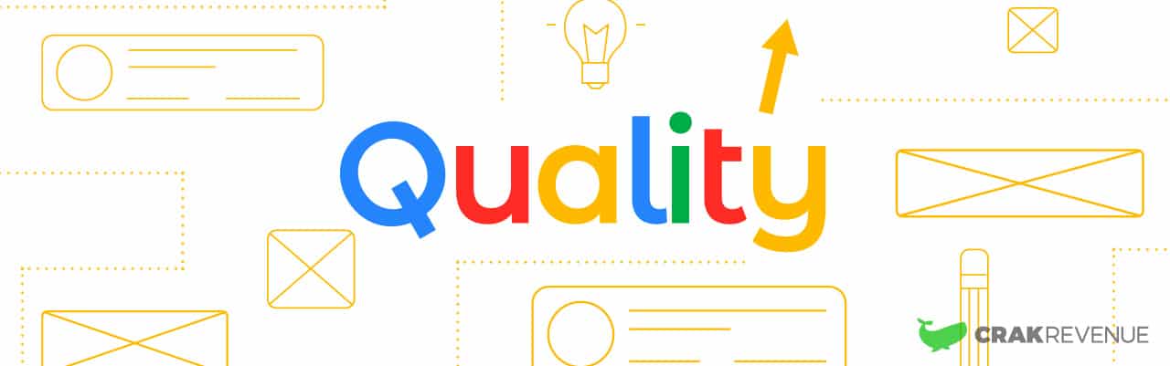 The word "quality" in google colors with an arrow pointing upward